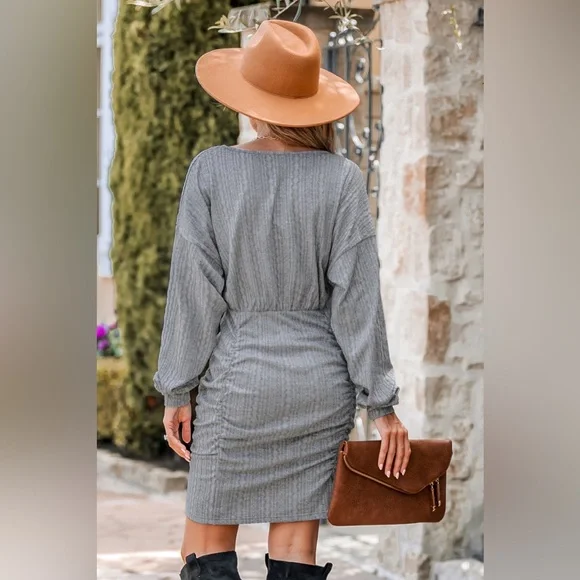 Cupshe Asymmetrical Ruched Long Sleeve Dress X-Large - Picture 2 of 4